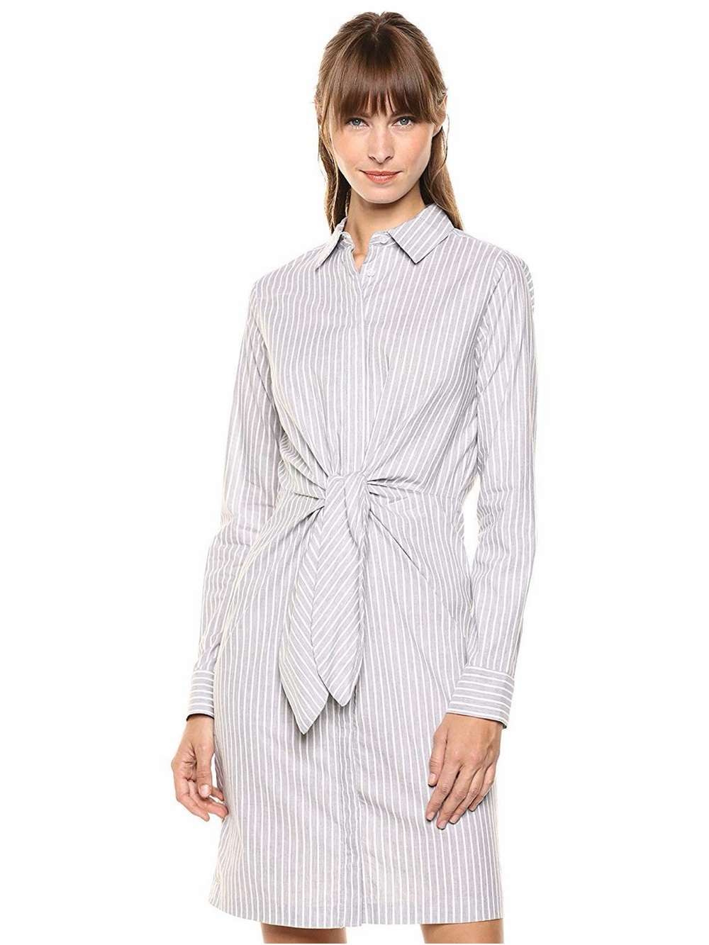 Calvin Klein Gray & White Striped Long-Sleeve Tie-Waist Shirt Dress